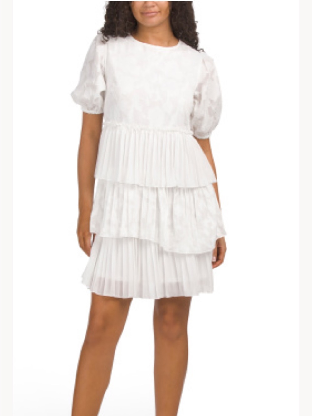 Lena White Tiered Pleated Short Dress with Puff Sleeves